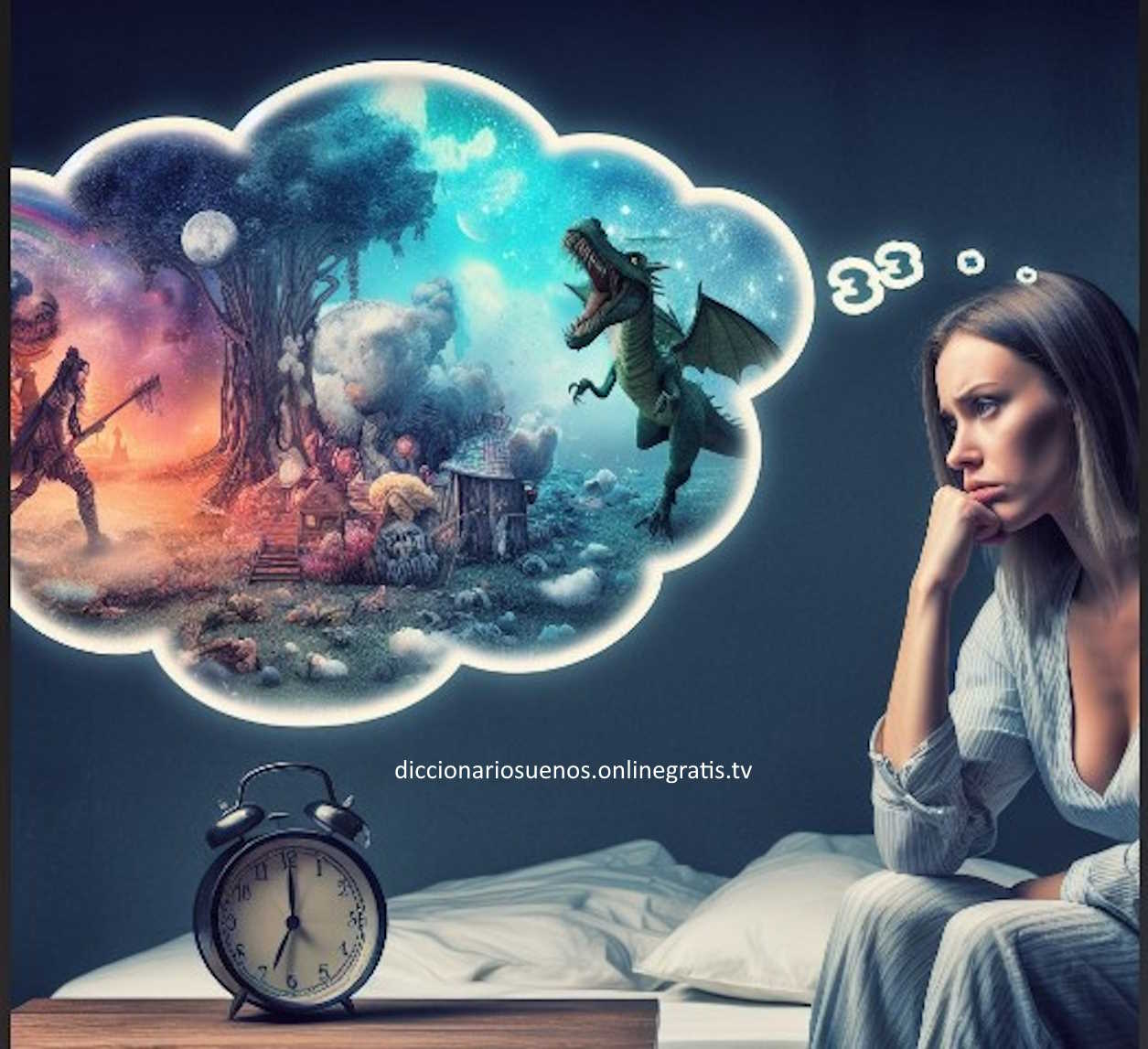 Una portada de un diccionario de interpretación de sueños con el título '¿Qué significan tus sueños?' y varias imágenes de elementos comunes en los sueños, como una casa, una llave, una serpiente, una escalera y una luna.